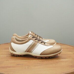 Ecco Womens Golf Shoes White Brown Leather Spiked Waterproof 39 EU / 8 US